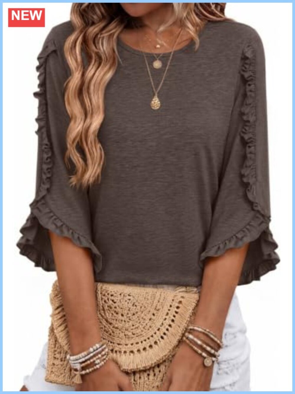 3/4 Sleeve Tunic Blouse Women's Dressy Casual Crewneck Ruffle Top Summer Fall